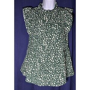 Angashion Women's Green Leopard Print Cap Sleeve Ruffle Neck Babydoll Blouse S
